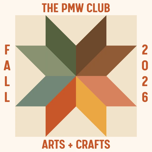 Fall 2026 Arts + Crafts patch — an eight-point star quilt block in sage, brown, rust and mustard