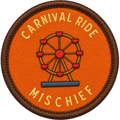 Embroidered Mischief patch — a carnival ferris wheel on burnt orange