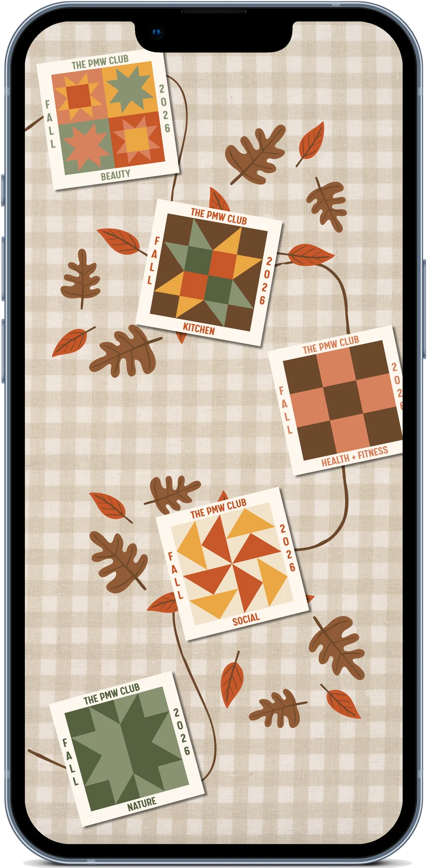 A phone showing the club website — fall quilt-block patches pinned along a thread on cream gingham, with autumn leaves