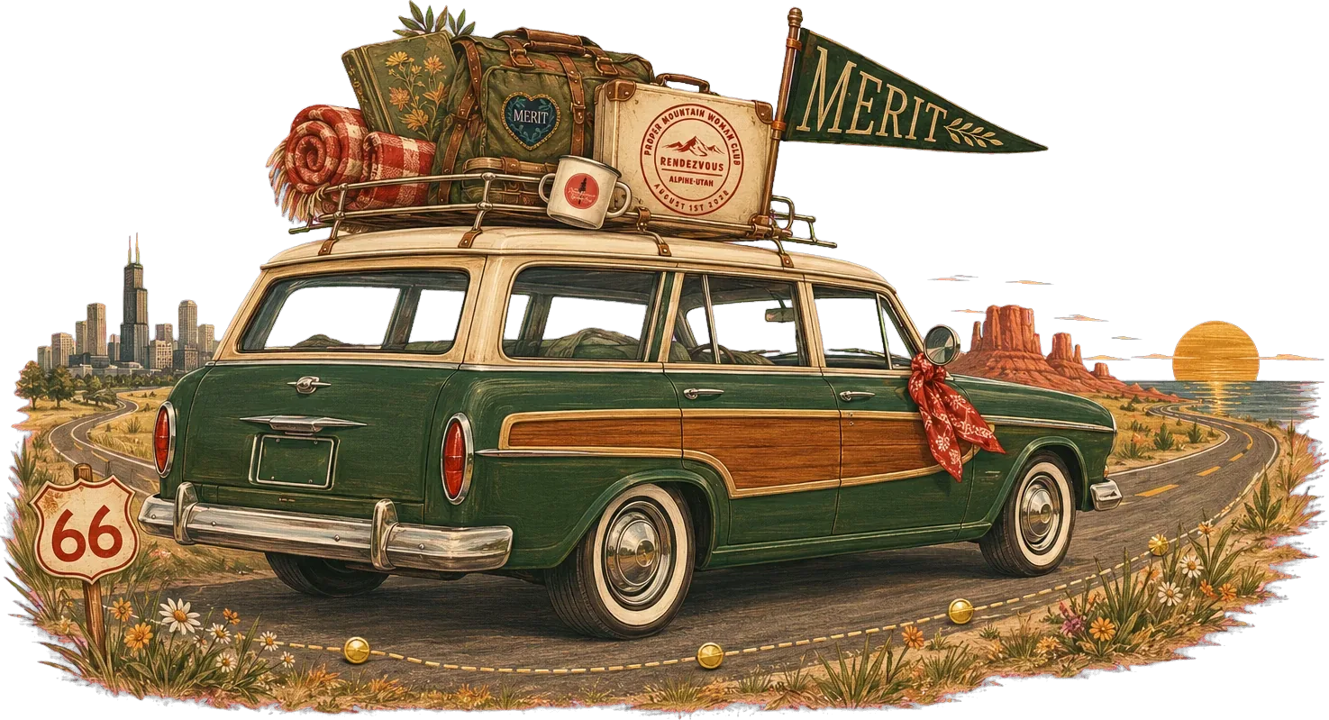 A packed station wagon leaving Chicago on Route 66 — Rendezvous suitcase and MERIT pennant on the roof, desert and sunset ahead