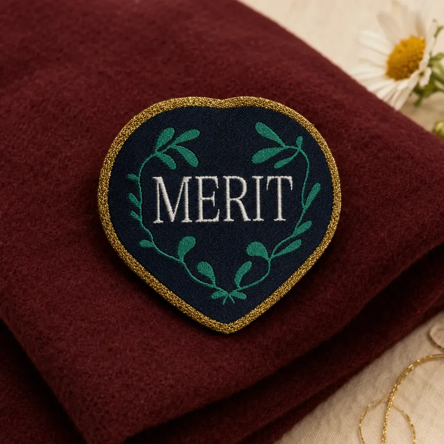 The merit heart patch resting on a wool blanket